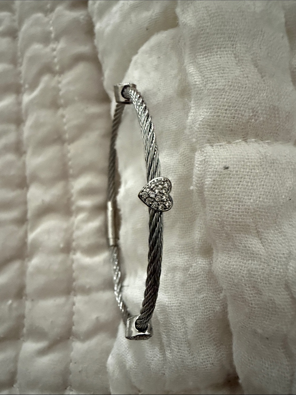 Silver-Tone Cable Bracelet with Pave Heart Accent